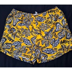 Swim Trunks Yellow and Black Tropical Hawaiian Print w/Surfer Terms Size Large